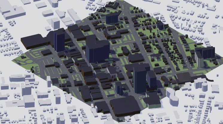 Mariposa’s detailed 3D map of downtown Kitchener, showing buildings, streets, and trees