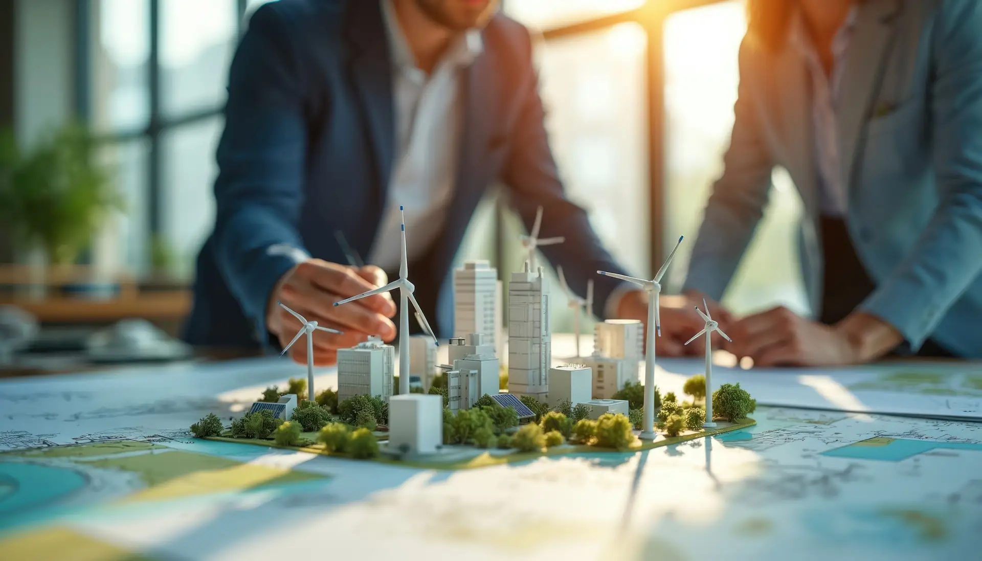 Engineers collaborate on sustainable city design. Analyze model featuring wind turbines solar panels