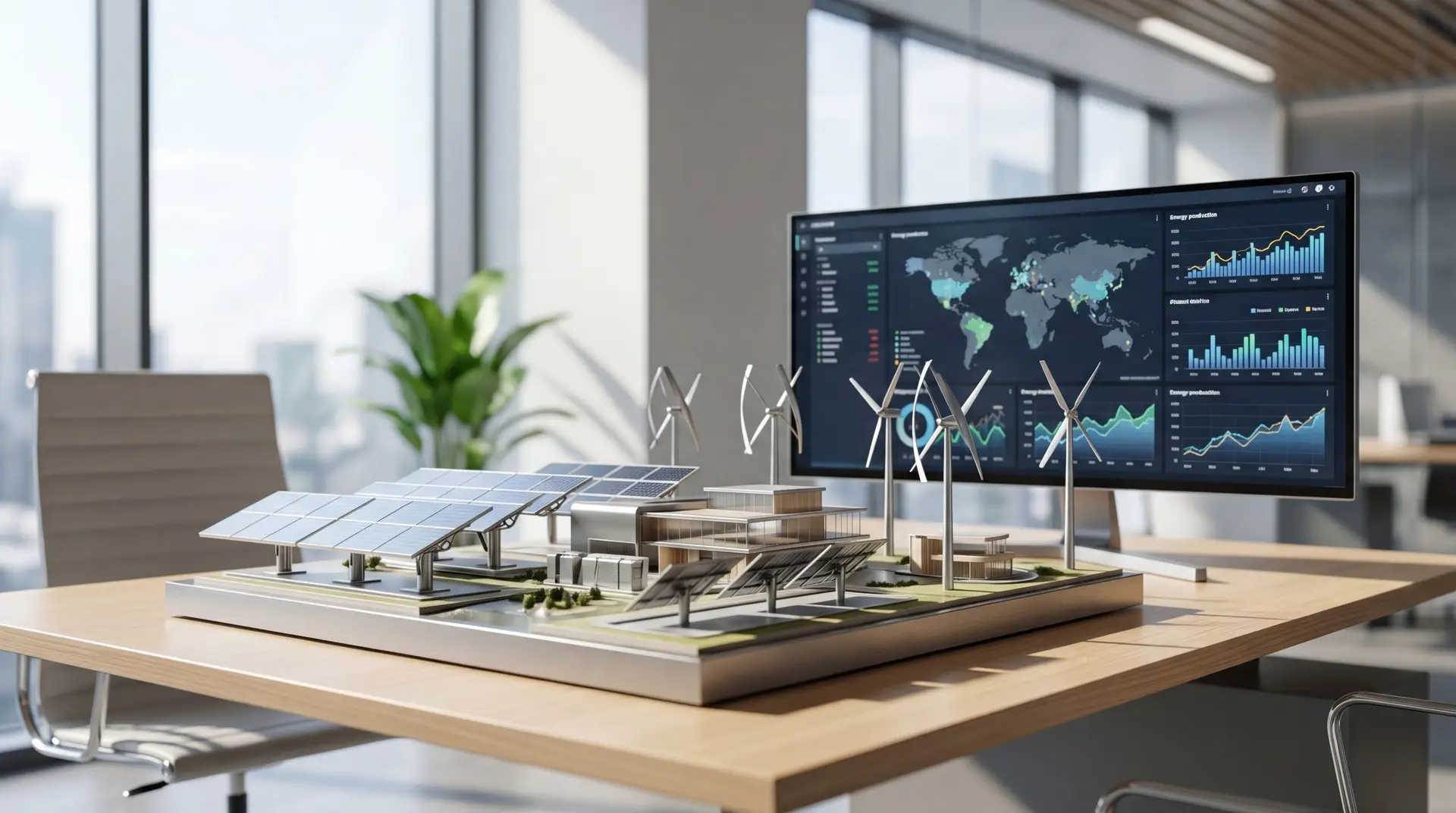 Architectural scale model of solar panels and wind turbines on desk next to computer monitor displaying global energy data charts, sustainable power generation concept for green