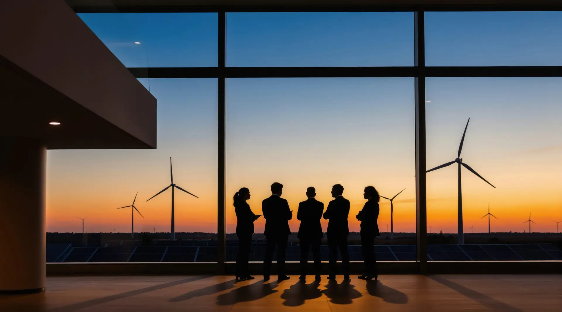 Business people watch wind turbines and solar panels at sunset. Professionals plan green energy future. Team meets discussing eco friendly strategy for climate